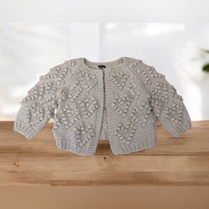 & MERCI Gray Pom Pom Popcorn Heart Chunky Knit Open Front Sweater Cardigan Sz M